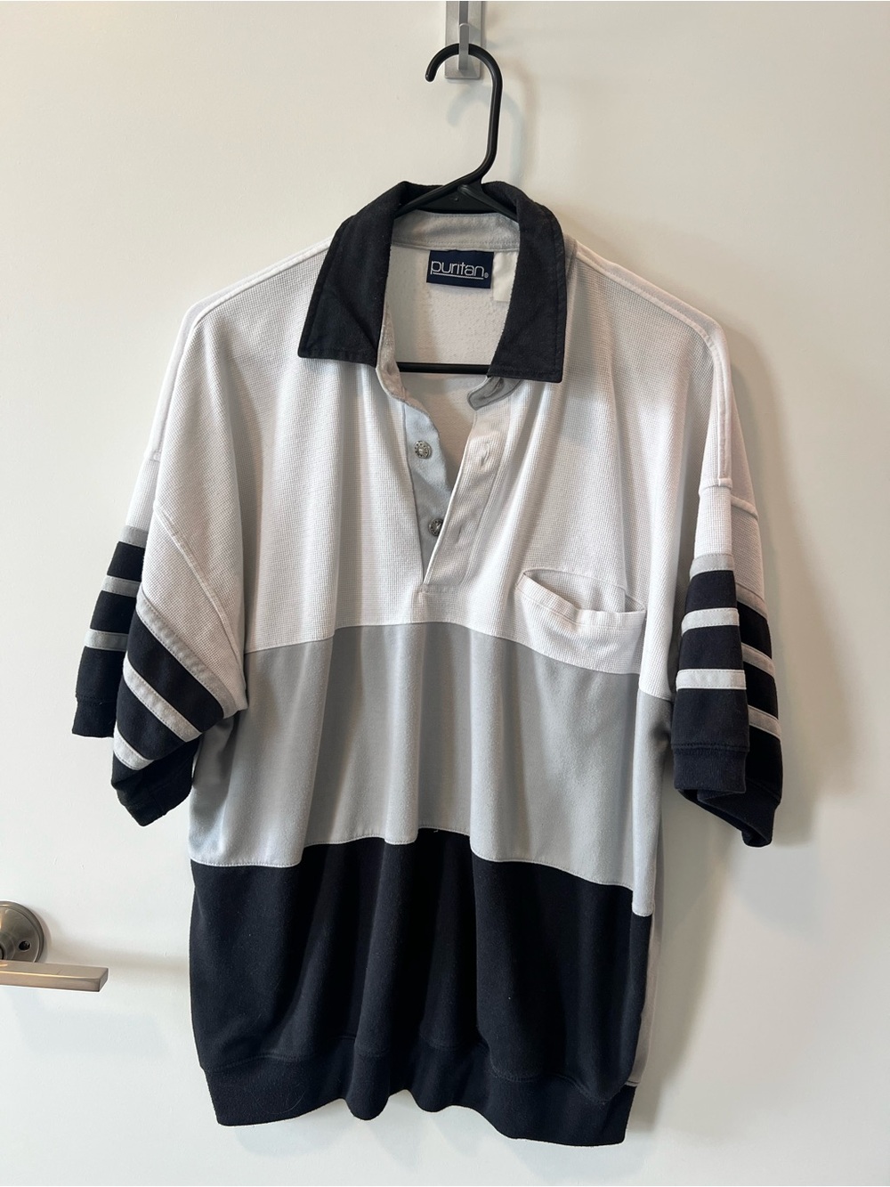 Puritan White, Gray & Black Colorblock Polo with Striped Sleeves